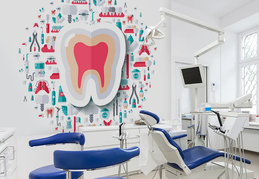 کاغذ دیواری سه بعدی مطب دندانپزشکی طرح ابزار و خدمات دندانپزشکی
